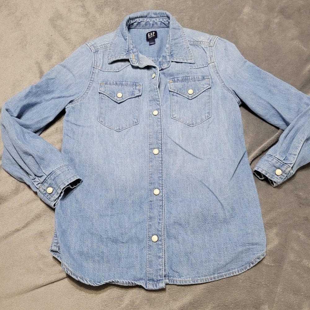 Gap Shirt Boys 5 Denim Jacket Pearl Snap Button Front Flap Pockets Shacket Top